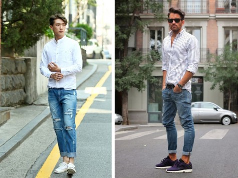 jeans với sơ mi rắng luôn là set đồ phải có của những anh chàng hiện đại, năng động. Đối với những người to con, sơ mi trắng sọc sẽ khiến cơ thể trông gọn hơn.
