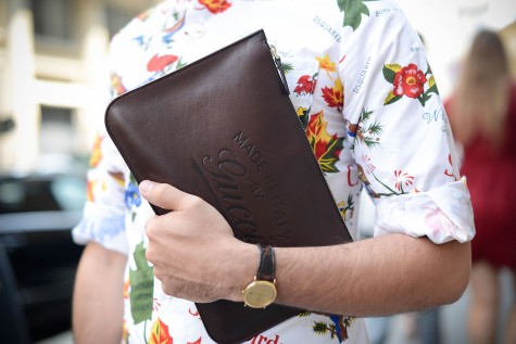 MILAN, ITALY - JUNE 22: Fashion designer Salvo Presti is seen wearing a Dsquared shirt and a Gucci briefcase before Ferragamo show on June 22, 2014 in Milan, Italy. (Photo by Vanni Bassetti/Getty Images)