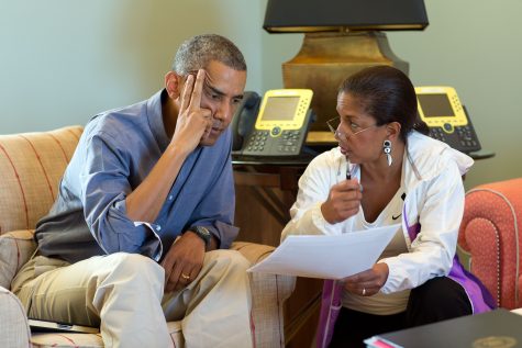 President Barack Obama talks with National Security Advisor Susan E. Rice following foreign leader phone calls, from Chilmark, Mass. , 2014. (Official White House Photo by Pete Souza)