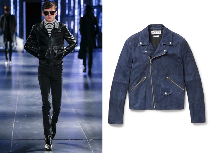 Áo cổ lọ Saint Laurent Striped Rollneck Sweater và Loewe Suede Jacket