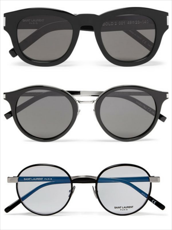 Sự đơn giản luôn đem tới vẻ tinh tế thanh thoát. Những gọng kính này sẽ không làm bạn bị so sánh với Nobita. Trên cùng: SAINT LAURENT D-Frame Acetate Sunglasses $375 Giữa: SAINT LAURENT Round-Frame Acetate And Silver-Tone Sunglasses $385 Dưới cùng: SAINT LAURENT Round-Frame Silver-Tone And Acetate Optical Glasses $400