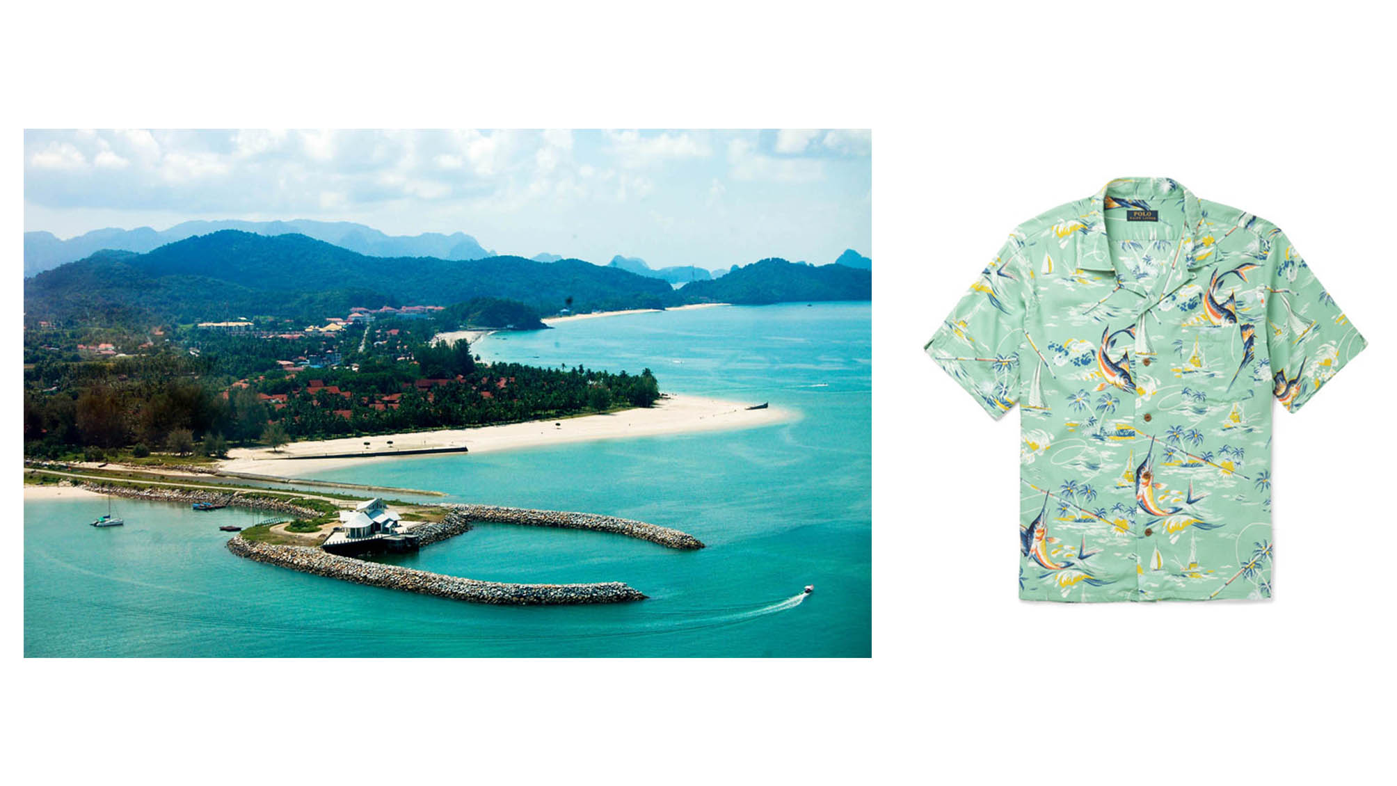 Đến Pulau Langkawi, hãy thật thoải mái mà vẫn sành điệu. POLO RALPH LAUREN Hawaiian-Print Camp-Collar Crepe Shirt €130
