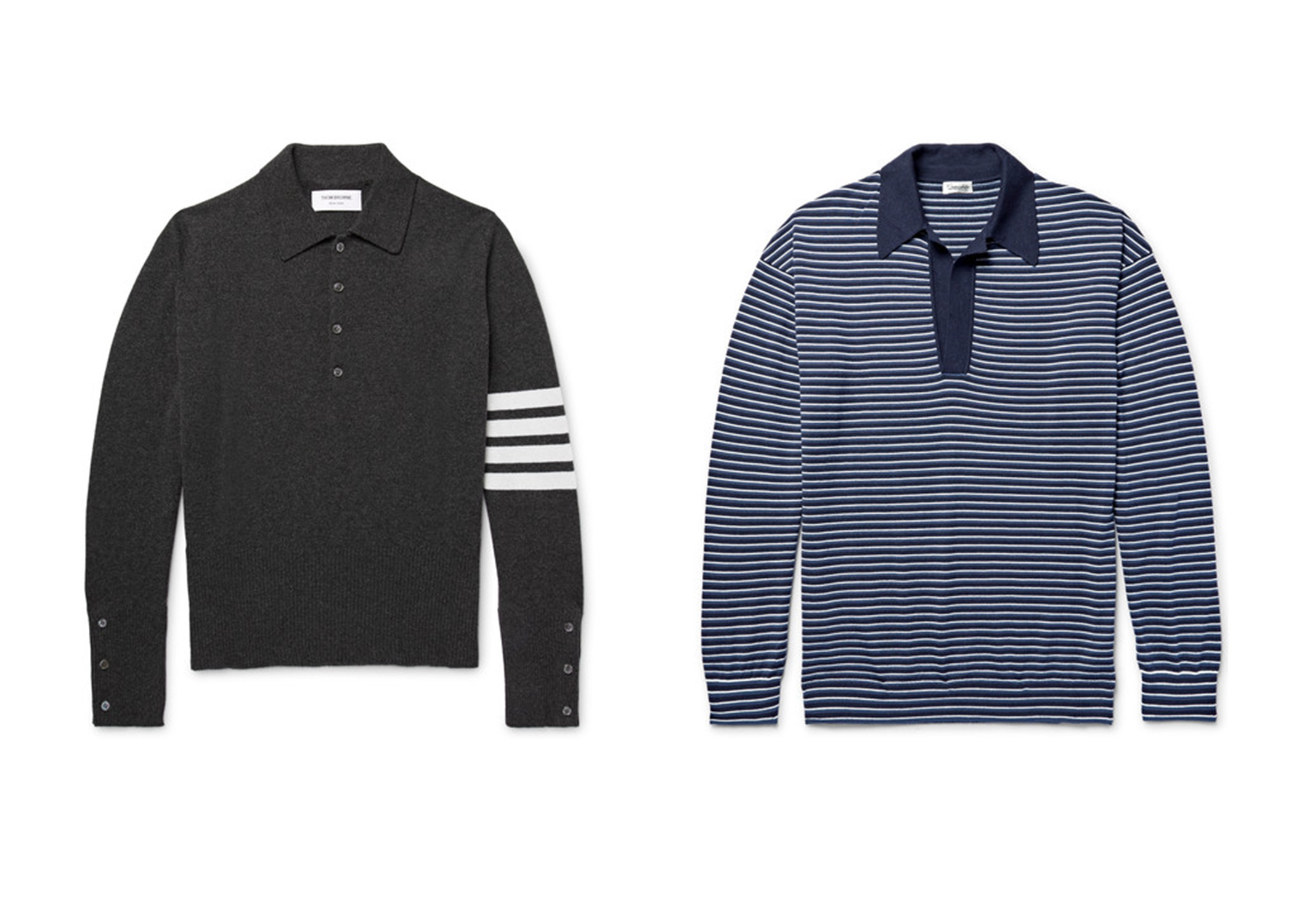 áo len nam Trái: THOM BROWNE Striped Cashmere Polo Shirt $1670 Phải: CAMOSHITA Striped Knitted Wool And Cashmere-Blend Polo Shirt $450