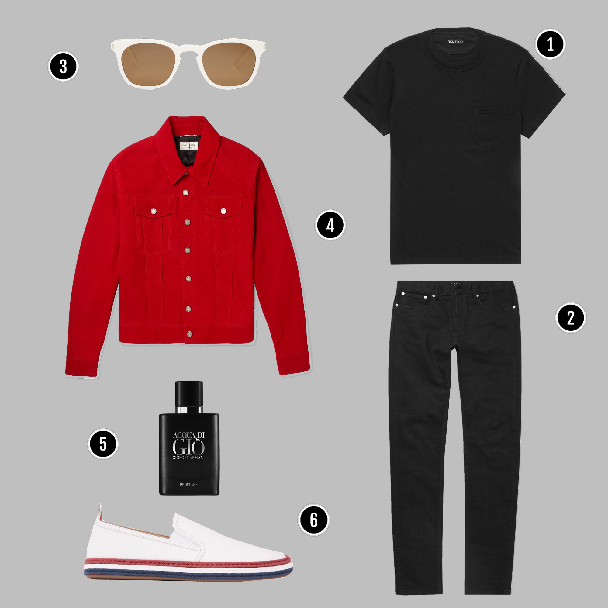 1. Áo: TOM FORD / 2. Quần: APC / 3. Kính: YSL / 4. Áo: YSL / 5. Nước hoa: Armani / 6. Giày: Thom Browne