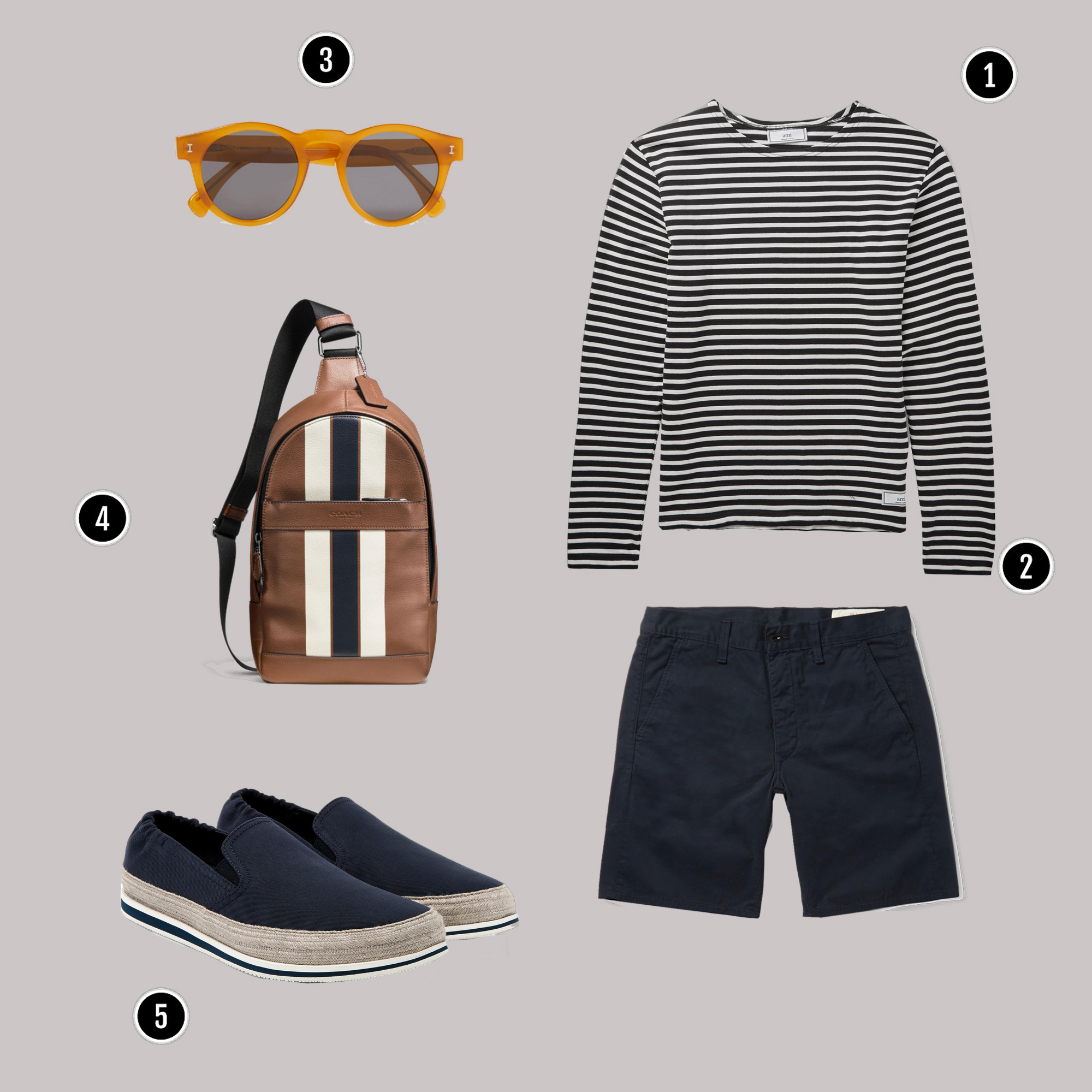 1. Áo: AMI / 2. Quần: Rag&Bone/ 3. Kính: ILLESTEVA / 4. Túi: Coach / 5. Giày: PRADA