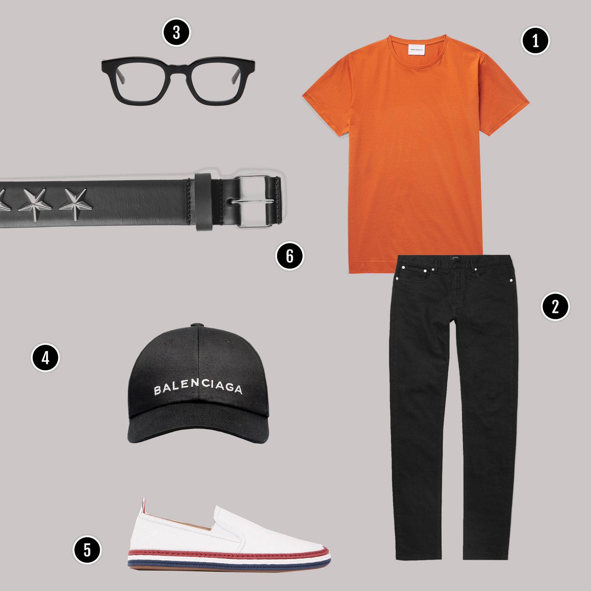 1. Áo: NORSE PROJECTS / 2. Quần: APC/ 3. Kính: Eyevan 2875 / 4. Mũ: Balenciaga / 5. Giày: Thom Browne / 6. Nịch: Givenchy