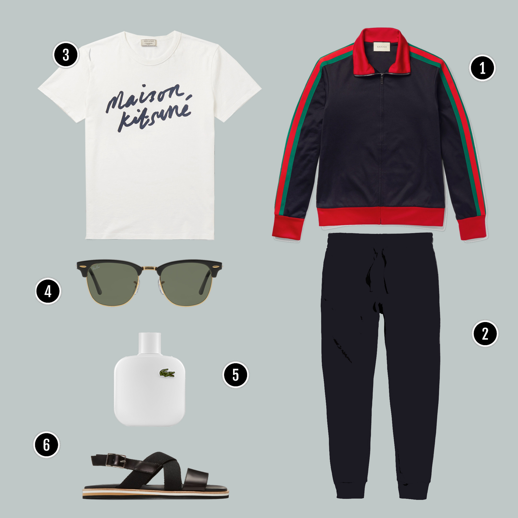 1. Áo: Gucci / 2. Quần: H&M/ 3. Áo: Maison Kisune/ 4. Kính: Rayban / 5. Nước hoa: Lacoste/ 6. Giày: Marni