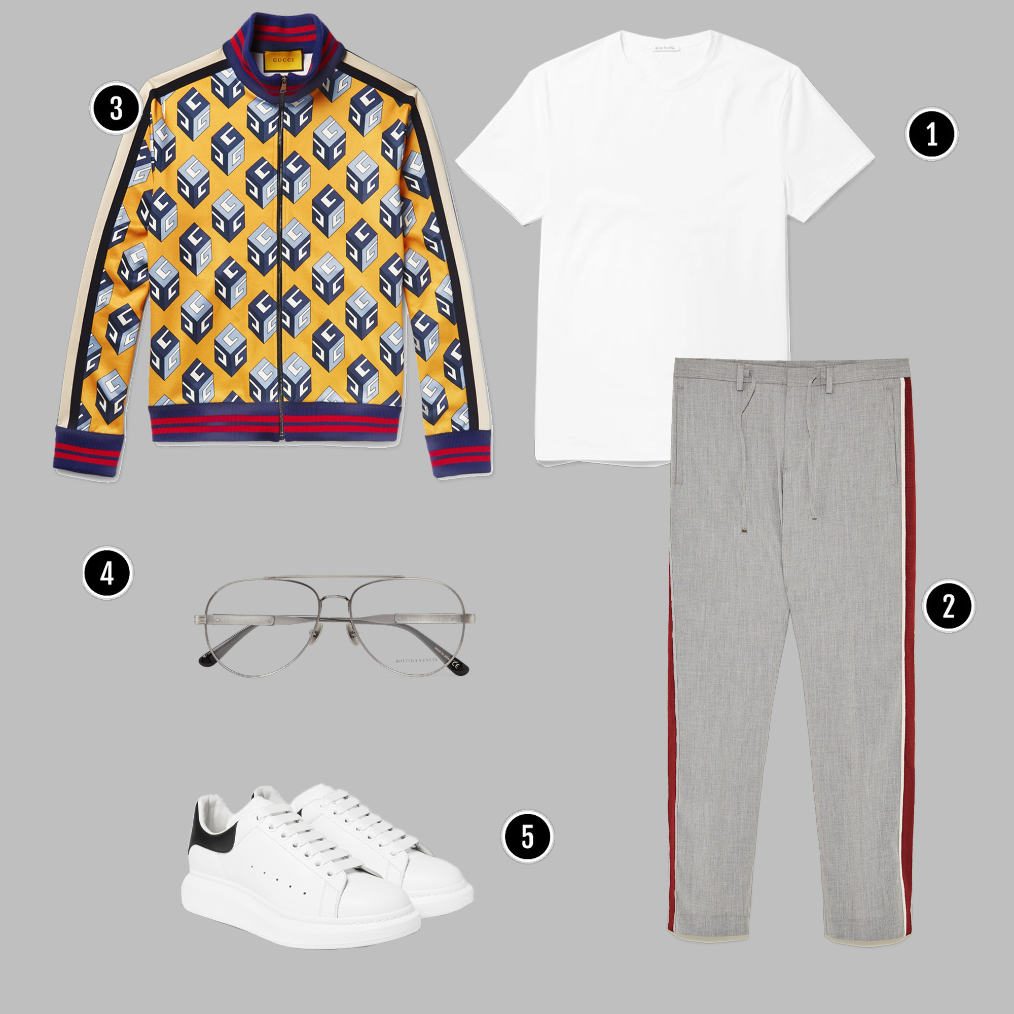 1. Áo: Acne / 2. Quần: Zara/ 3. Áo: Gucci/ 4. Kính: BOTTEGA VENETA / 5.Giày: Alexander Mcqueen 