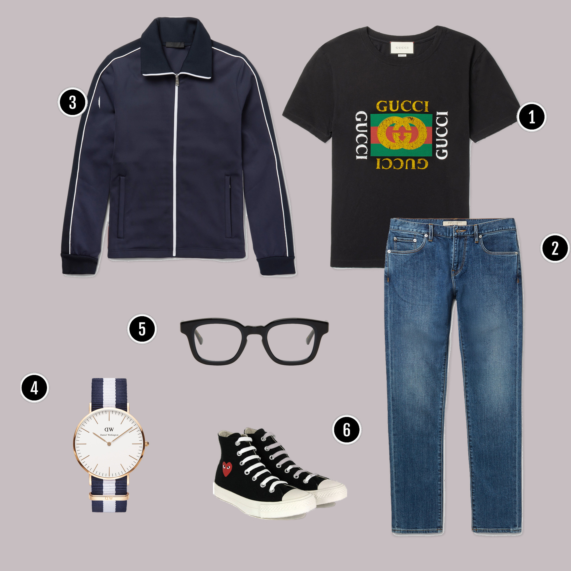 1. Áo: Gucci / 2. Quần: Burberry / 3. Áo: Prada/ 4. Đồng hồ: DW / 5. Kính: Eyevan 7285 / 6. Giày: CDG