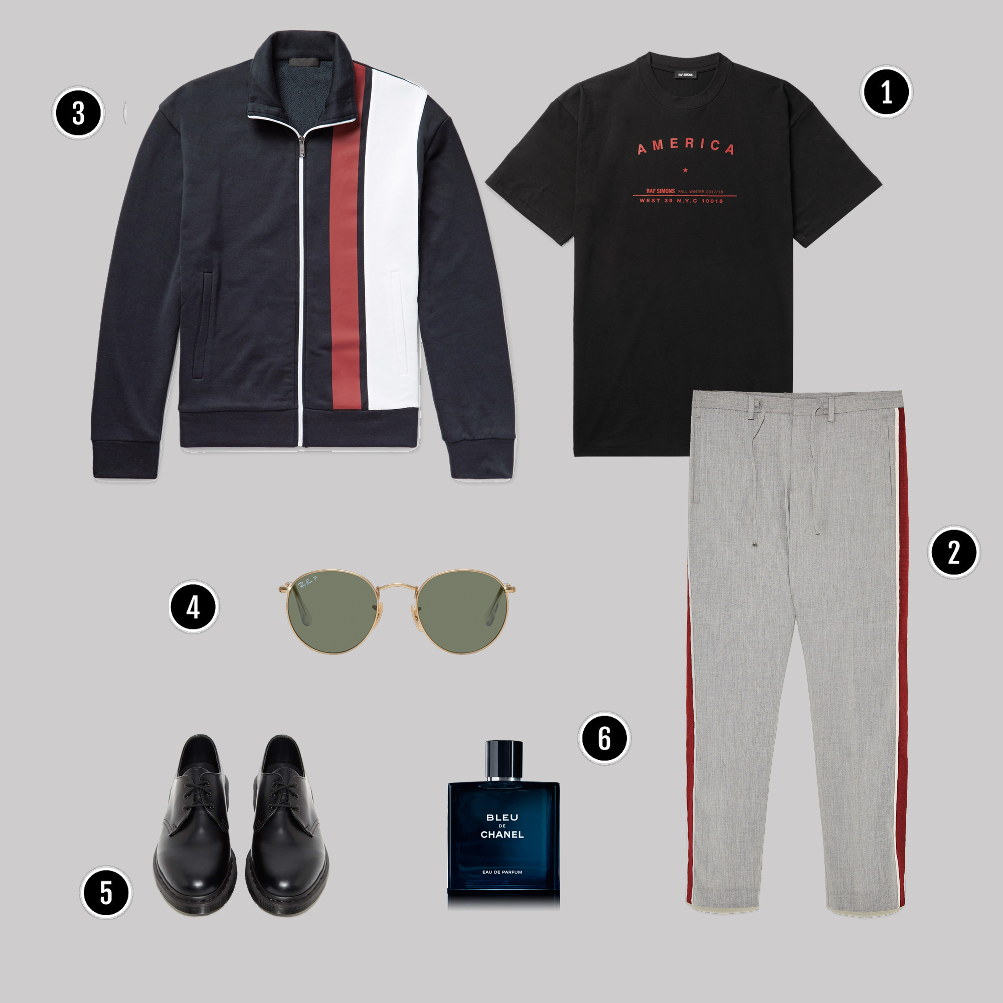 1. Áo: Raf Simons / 2. Quần: Zara / 3. Áo: Prada/ 4. Kính: Rayban / 5. Giày : Dr Martens / 6. Nước hoa: Chanel