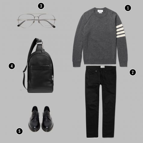 1. Áo: Thom Browne / 2. Quần: Acne / 3. Kính: Bottega veneta / 4. Túi: Coach / 5. Giày: Dr martens
