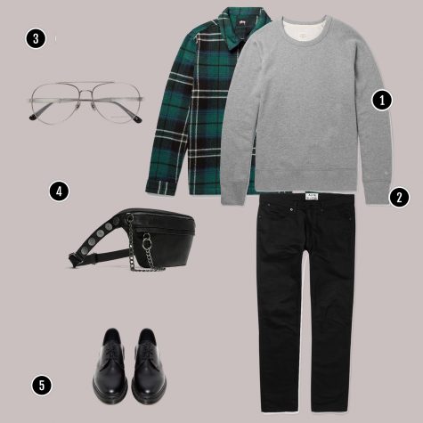 1. Áo: Rag&Bone + Stussy / 2. Quần: Acne / 3. Kính: Bottega Veneta / 4. Túi: Zara / 5. Giày: Dr Martens