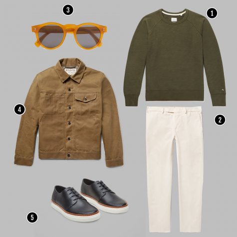 1. Áo: Rag&Bone / 2. Quần: APC / 3. Kính: Bottega Veneta / 4. Áo: Filson / 5. Giày: COS