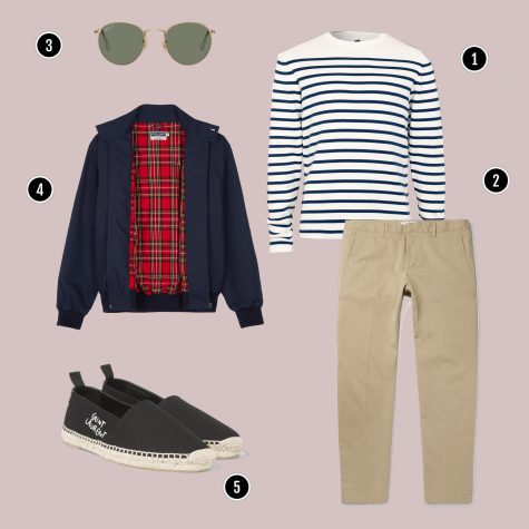 1. Áo: Topman / 2. Quần: AMI / 3. Kính: Rayban / 4. Áo: Fred Perry / 5. Giày: YSL