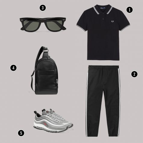 1. Áo: Fred Perry / 2. Quần: Gucci/ 3. Kính: Rayban/ 4. Túi: Coach / 5. Giày: Nike