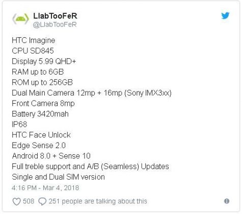 Tài khoản @LlabTooFeR vừa tiết lộ cấu hình chi tiết của HTC U12