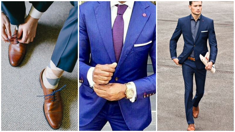 quý ông mặc suit xanh và giày nâu