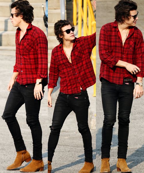 quan jeans rach & ao so mi flannel - harry styles - elle man