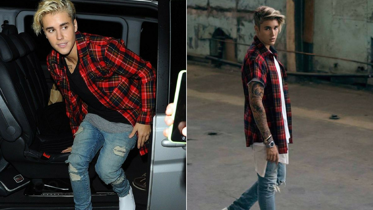 quan jeans rach & ao so mi flannel - justin bieber - elle man 3