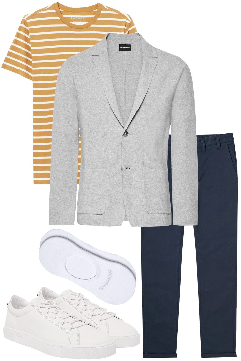 1. Áo khoác Cotton Cardigan của Club Monaco (giá $200) 2. Quần chinos của Norse Projects (giá $145) 3. Áo thun kẻ sọc của Everlane (giá 20$) 4. Giày sneaker trắng của Tod's (495$) Ảnh: Esquire