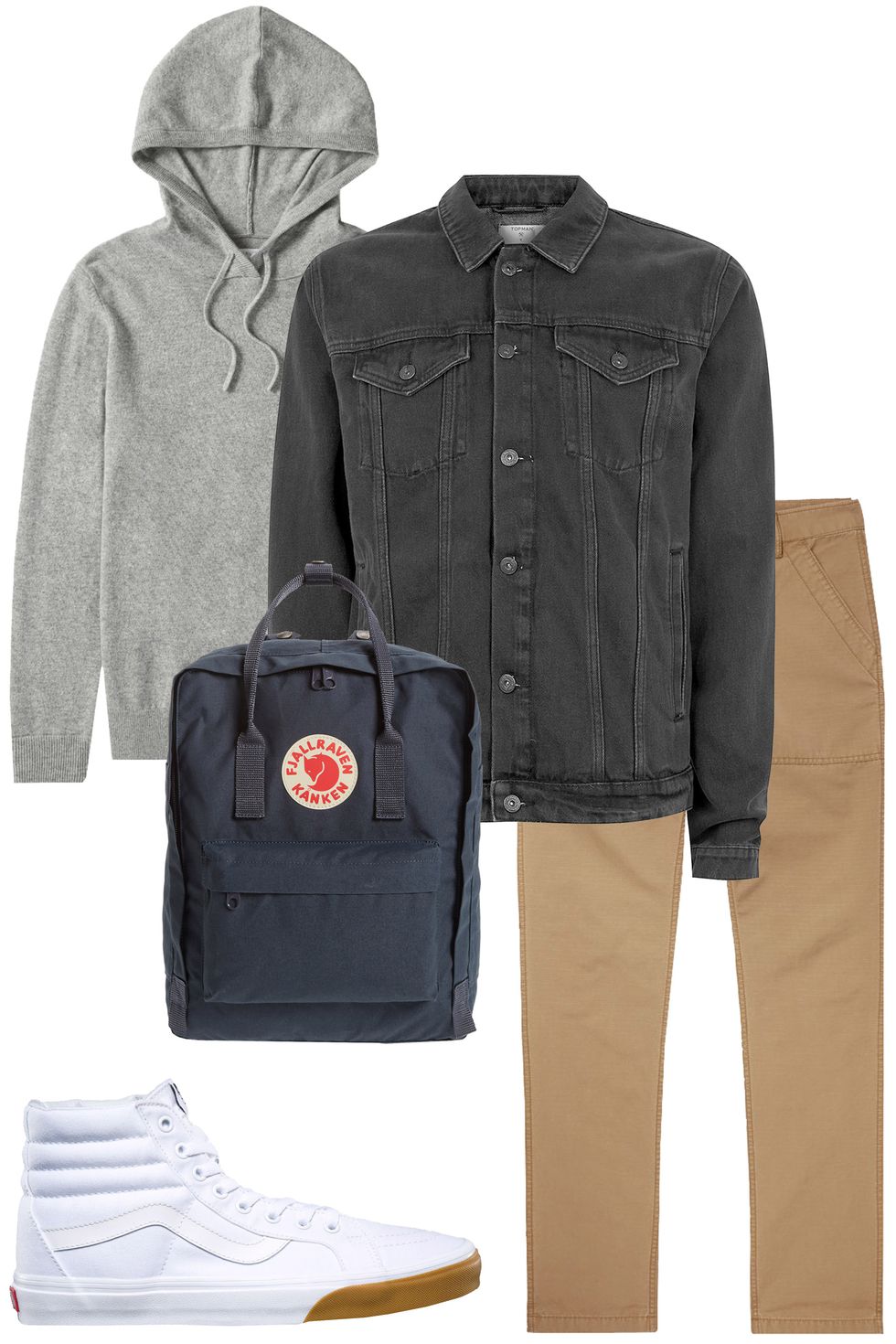 1. Áo hoodie Everlane ($140) 2. Áo khoác denim Topman ($75) 3. Quần khaki J.Crew ($80) 4. Ba lô Fjallraven ($80) 5. Giày Vans trắng ($60)