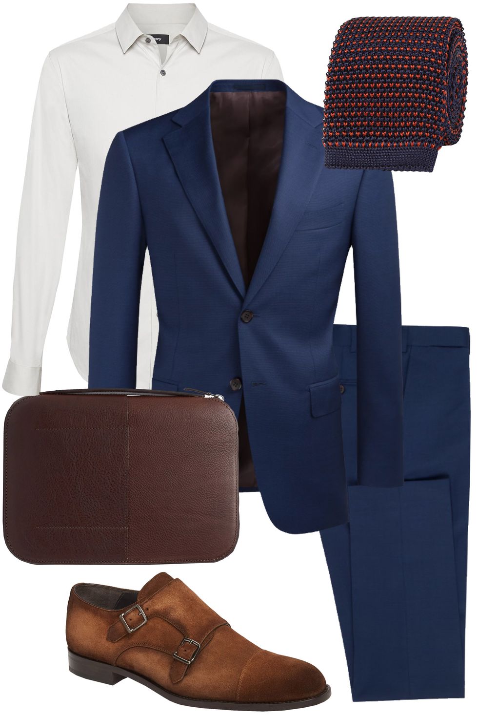 1. Bộ suit xanh navy của Suitsupply ($399) 2. Áo sơ mi trắng Theory ($195) 3. Cà vạt Loro Piana ($225) 4. Giày của To Boot New York ($450) 5. Cặp da This is Ground ($385) 
