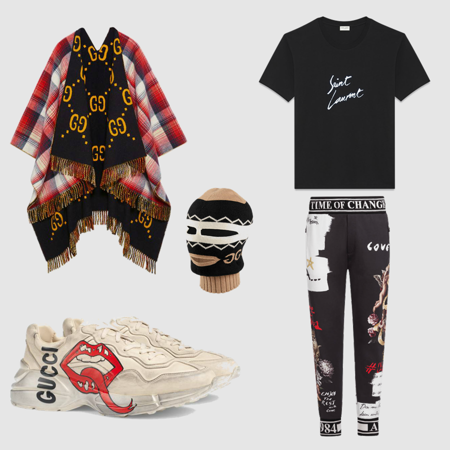 Áo phông: Saint Laurent Quần: Dolce&Gabana Áo poncho, giày, mũ trùm đầu: Gucci