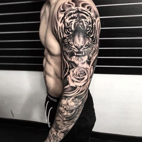 hình xăm cánh tay nam con hổ và hoa hồng blackwork