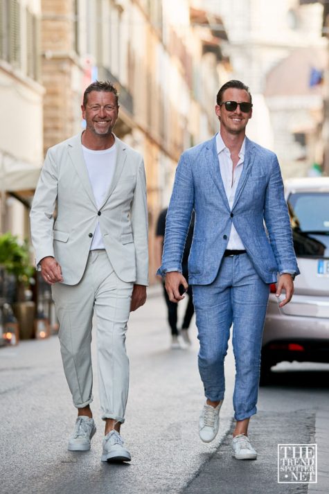 pitti uomo 96 - quý ông mặc suit linen và giày thể thao