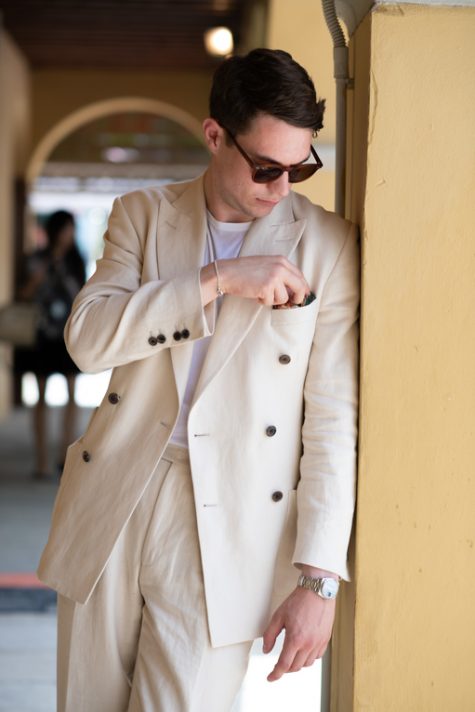 bài học phong cách thời trang tại Pitti Uomo ss20 suit màu beige