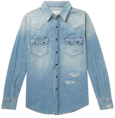 áo denim nam-Saint Laurent Distressed Denim Shirt