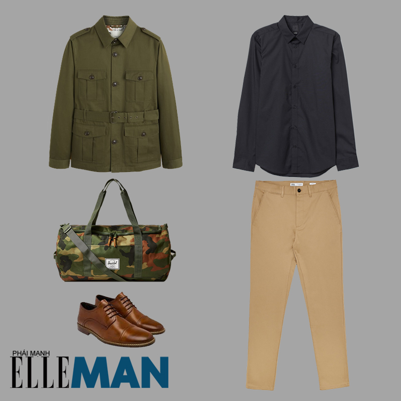 thời trang quân đội áo field jacket xanh sơ mi đen quần chinos