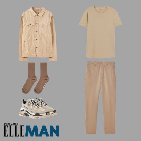 phối đồ gam màu beige áo thun áo khoác jean quần chinos