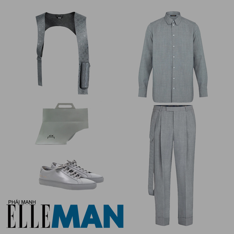 phong cách monochrome áo sơ mi quần tây harness túi