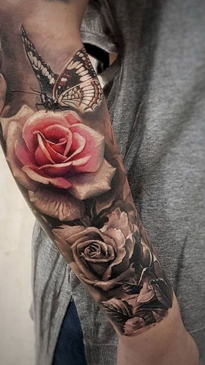 hình xăm hoa hồng và bướm ở vị trí mặt ngoài cánh tay - hình xăm nam giới - 2019 - elle man