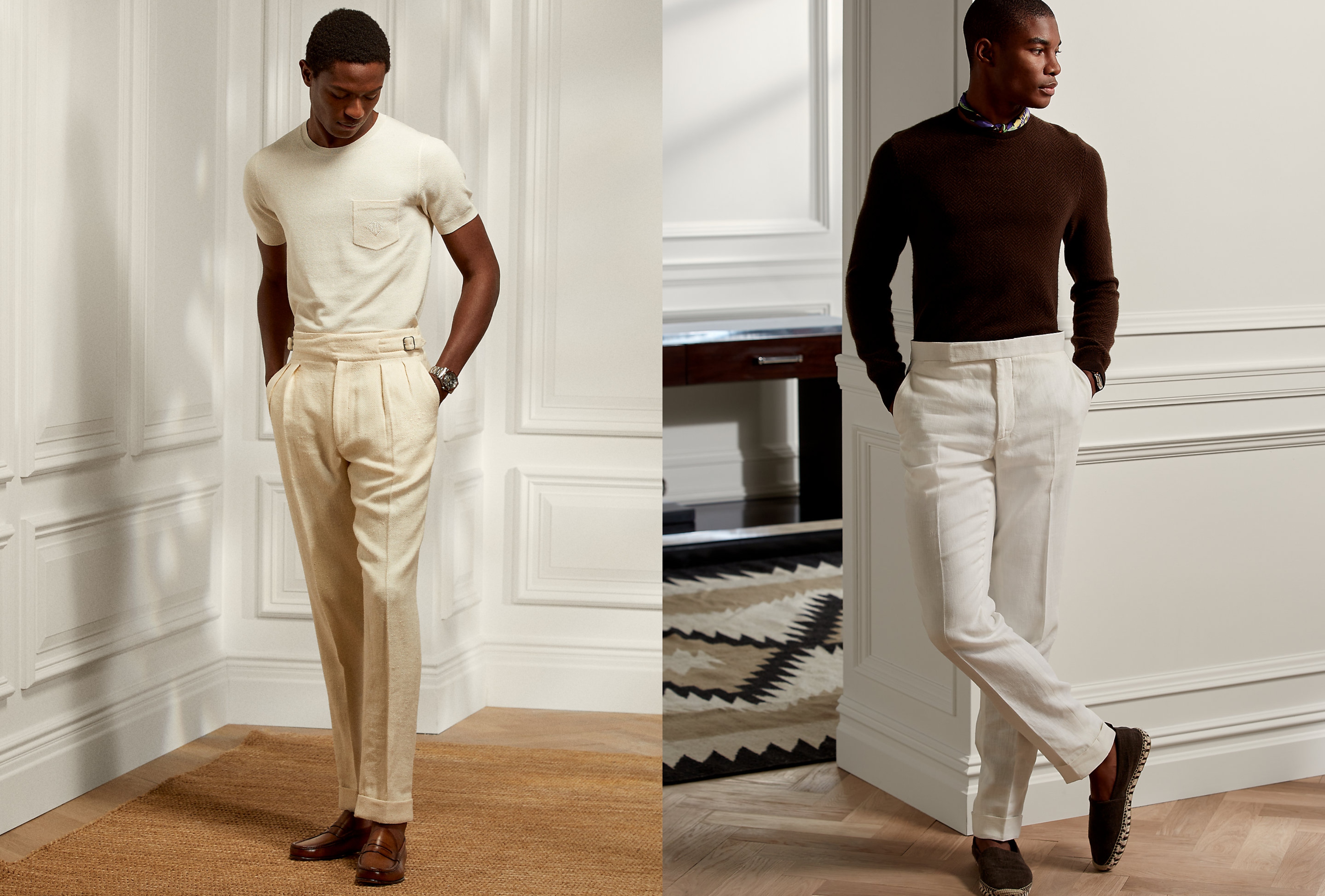 Quần đũi (bên trái) và quần linen (bên phải) của Ralph Lauren