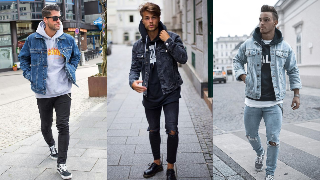 Áo khoác denim là một sự lựa chọn không tồi khi kết hợp với hoodie